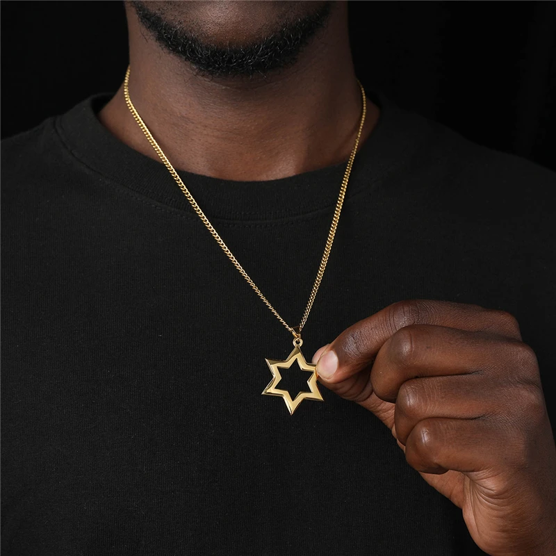 18K Gold Plated Hollow Six Pointed Megan Star of David Pendant Necklaces Jewish Israel Jewelry for Women Men Hip Hop