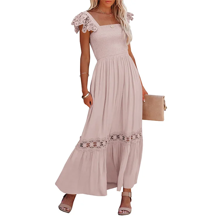 Womens Summer Boho Lace Strap Short Sleeve Square Neck Ruffle A Line Flowy Beach Long Maxi Dress with Pockets