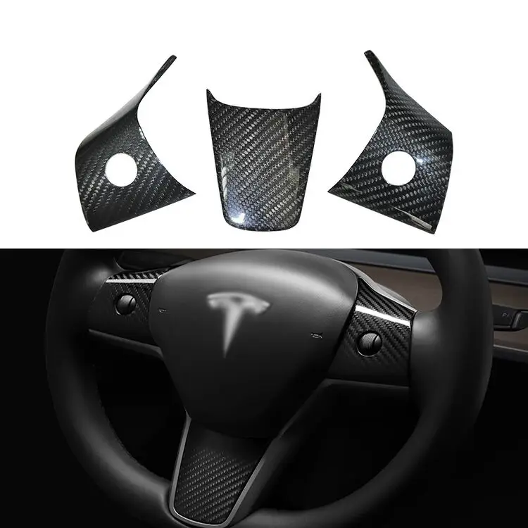 
3pcs Auto Parts For Tesla Model 3 Real Carbon Car Inner Accessories Steering Wheel Button Carbon Fiber Cover Trim 
