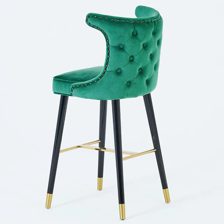 Luxury Style Dining Room Wooden Leg Design With Gold Metal Cover High Bar Stool Modern Nave Blue Velvet Restaurant Bar Chair
