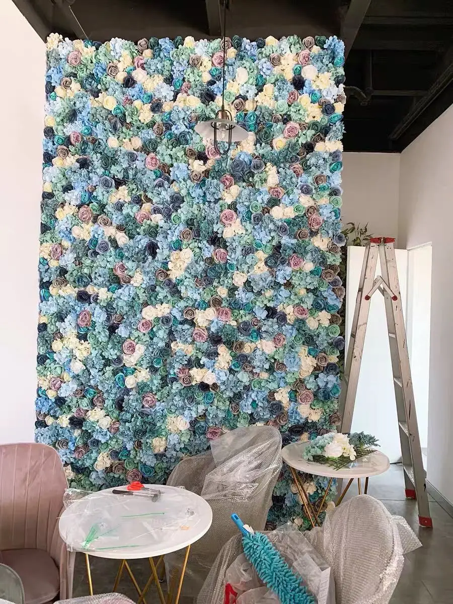 Competitive Good Price White Pink Artificial Panel Greenery Backdrop Fall Blue Red Silk Rose Flower Wall