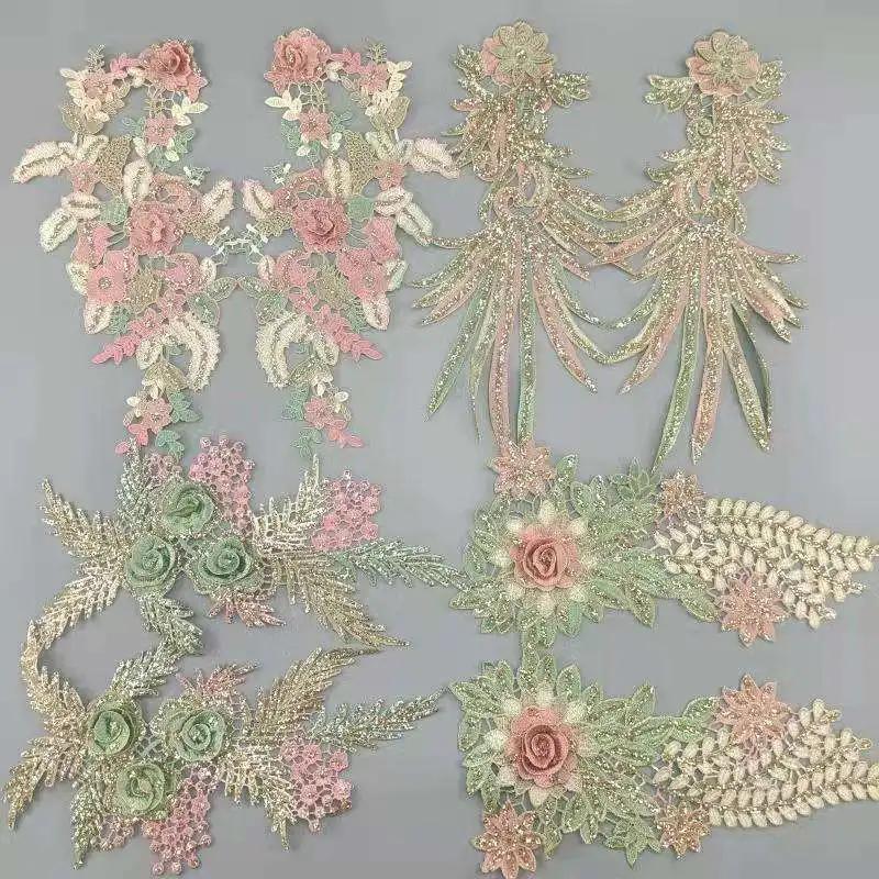 New 3D sequin stitching water-soluble embroidery lace dress trim applique rhinestone bodice applique