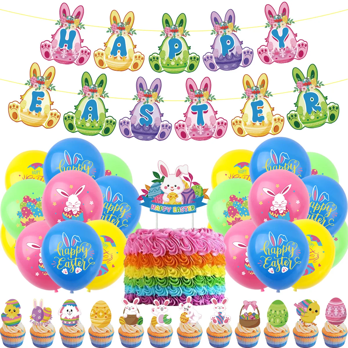 New Easter Party Banner Hanging Flag Decoration Supplies Easter Rabbit Egg Cake Insertion Balloon Party Set
