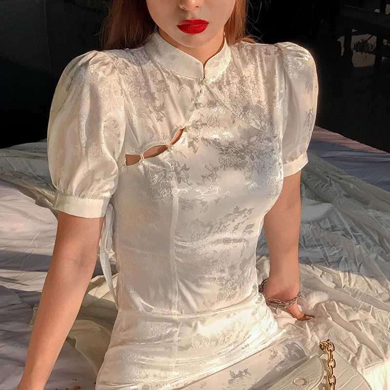 P00406T Elegant Chinese Cheongsam Dresses women White Black retro Embroidery high quality bodycon party night mini dresses