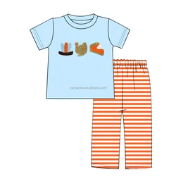Hot Sale Thanksgiving Day Boy Clothing Fall Outfit 100% Cotton Casual Short Sleeve Striped 2pcs sets French Knot Boy Clothes