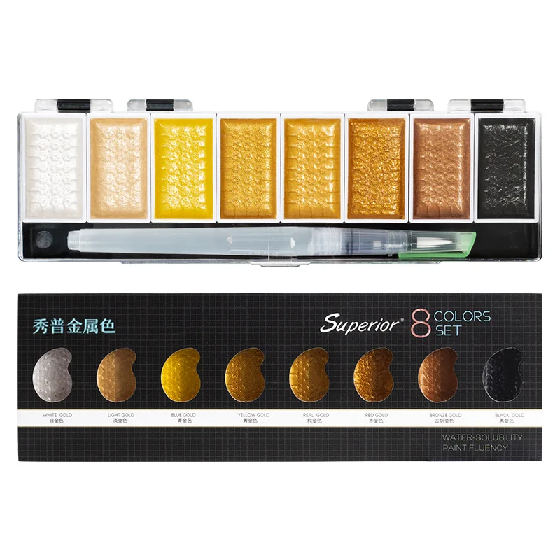 Wholesale 5 Colors Metallic Pearl Solid Watercolor Pigment Set with Fountain Pen