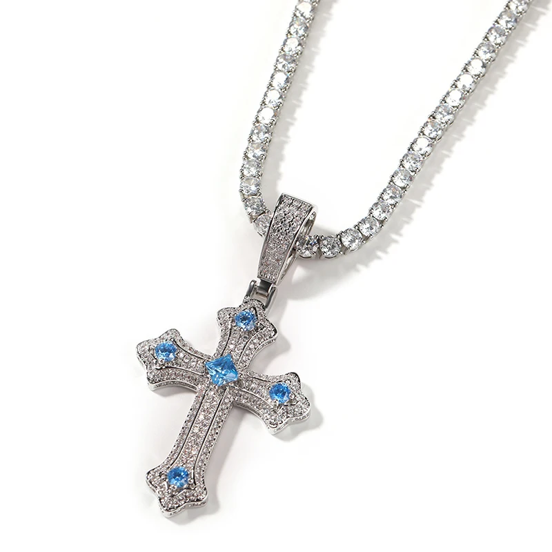Blues New iced out color five diamond cz jesus cross Pendant Necklace For Men Women religion jewelry