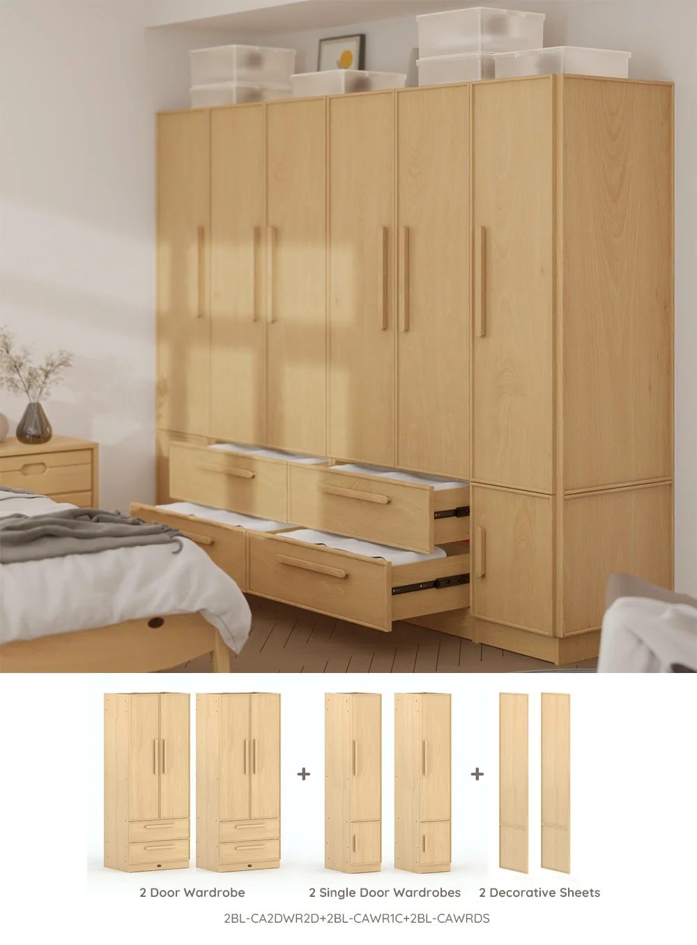 Only B2B Boori Solid Wood Bedroom Furniture Combination 2 Door Closet Organizer Storage Wardrobe