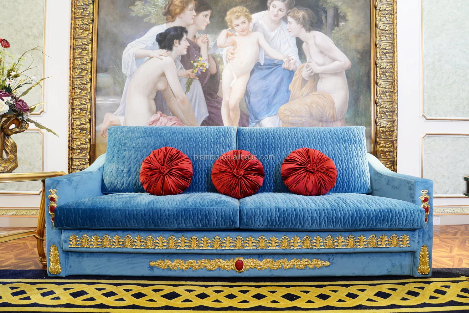 Роскошный набор диванов Louis Royal Blue из ткани итальянский секционный диван массива дерева Античная классическая мебель для дворца гостиной