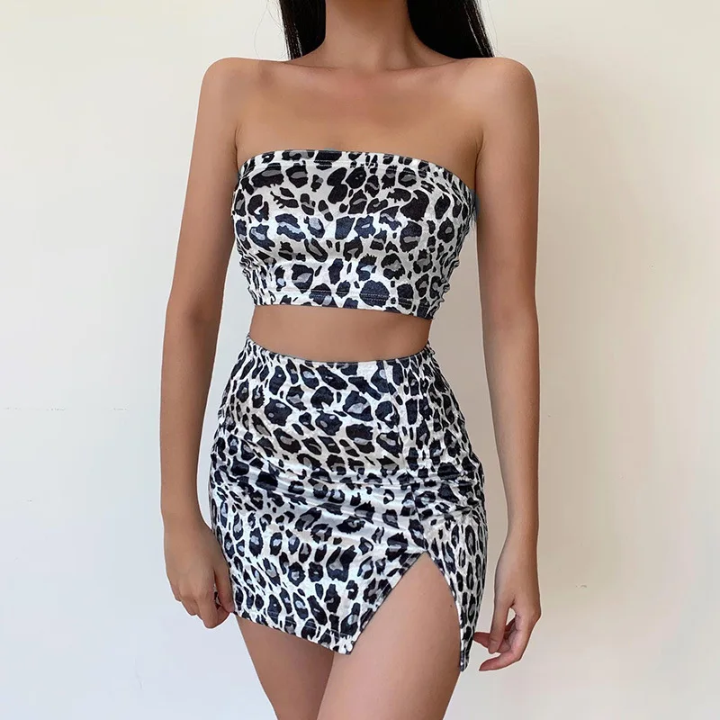 
womens clothing 2021 skirt set leopard crop tank top mini skirt velvet sets womens clothing two piece fashion 