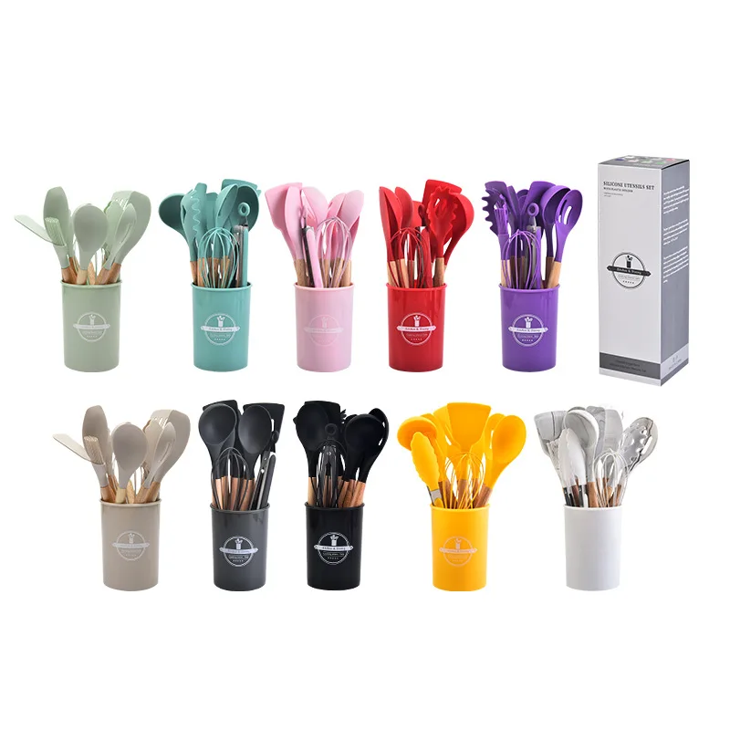 12pcs Food Grade Silicone Non-Stick Kitchenware Set Baking Spatula Spoon Wooden Handle Silicone Kitchen Utensils