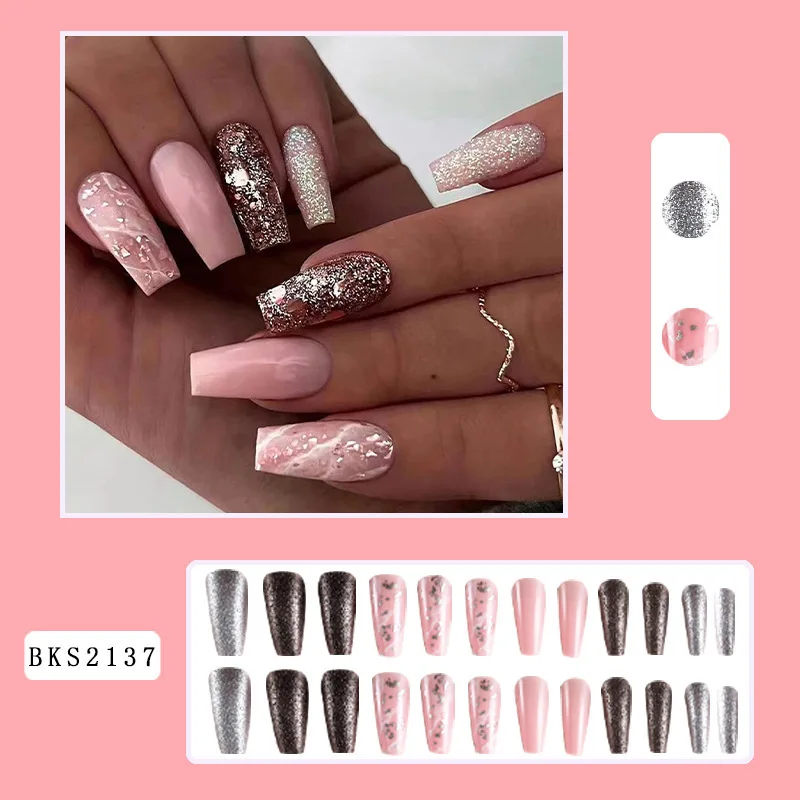 High Quality Wholesale 24pcs Jelly Glue Artificial Finger Nails Coffin Medium Almond Jelly Glue Press-On Nails
