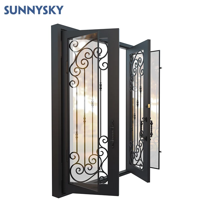 Sunnysky Hot-Sale Handcrafted Custom Wrought Iron Door with double tempered glass
