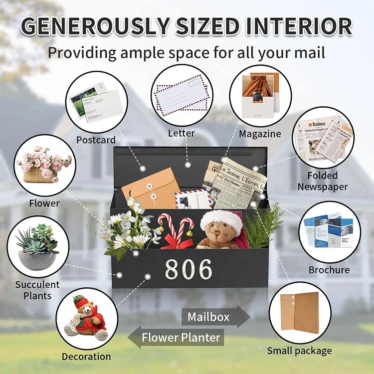 Wall Mount Mailbox Outside with 3 Sets of 0-9 Number Stickers Flower Planter Galvanized Steel Rust-Proof Metal Post Drop Box