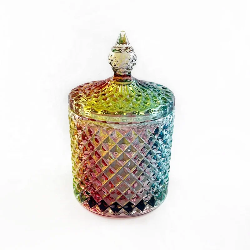 Colorful Geo Cut Candy Jar Cotton Swab Holder Glass Toothpick Jewelry Storage Container Iridescent Candle Glass Jars With Lid