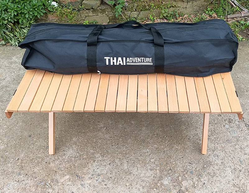 wholesale good quality durable wooden outdoor foldable portable three legs fold away camping table with storage bag
