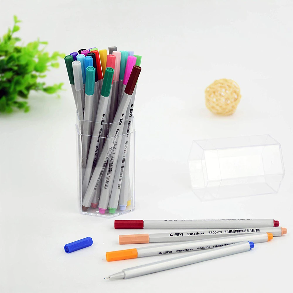 STA Fineliner Art Marker Pens Permanent Water Color Liner NO.6500 for Students with Flat Brush Tip for Paper Writing