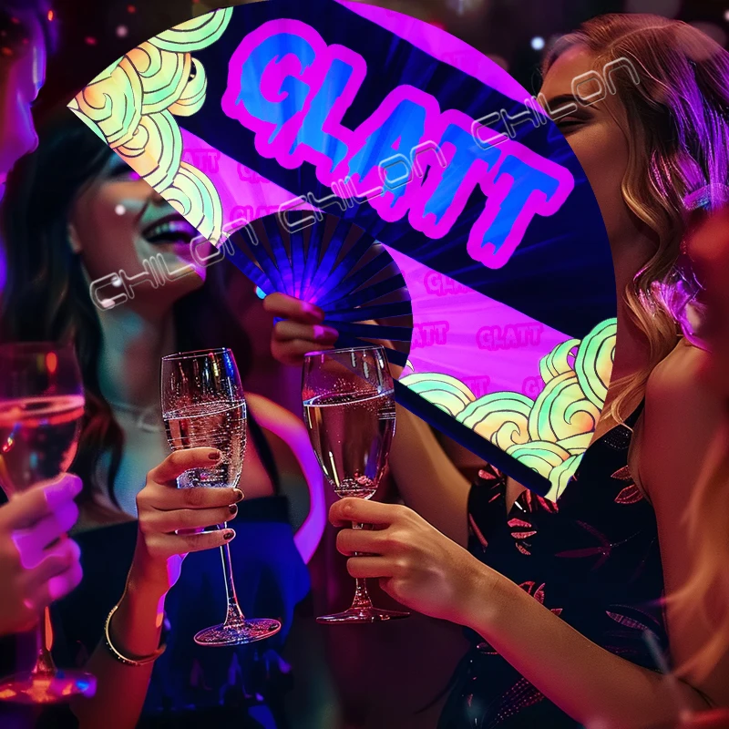 UV Festival Folding Hand Fan with Bamboo Ribs Folding Fans with Fabric Case Glow in dark