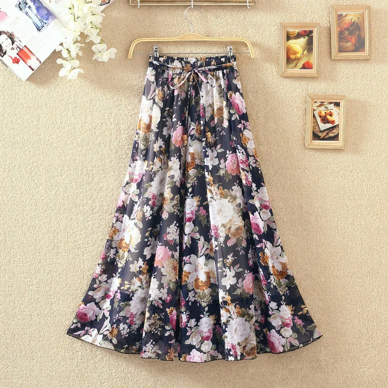 New style  lady clothing free size summer long chiffon floral maxi skirts for women