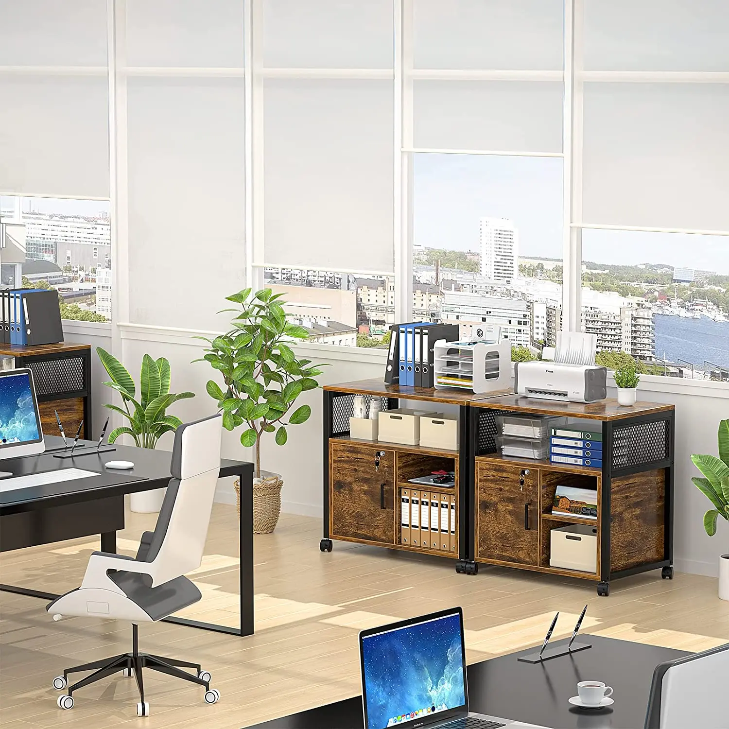 Wheel Side Iron Frame Mobile Office Printer Stand With Door Lockable Rolling Filing Cabinet