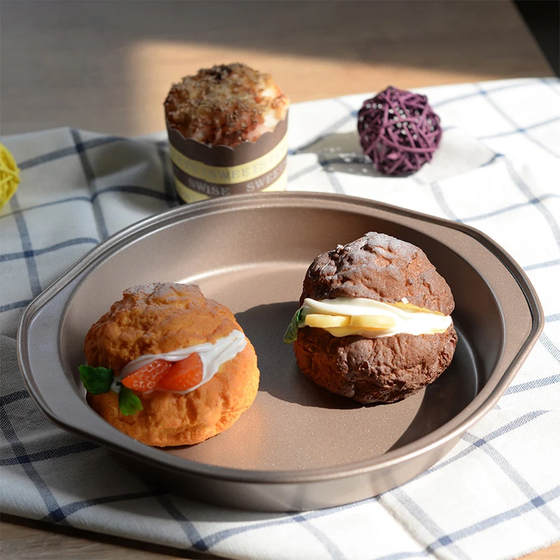 Сковорода для выпечки печенья золотого цвета с ручкой, противень для выпечки из углеродистой стали, круглый противень для пиццы с антипригарным покрытием