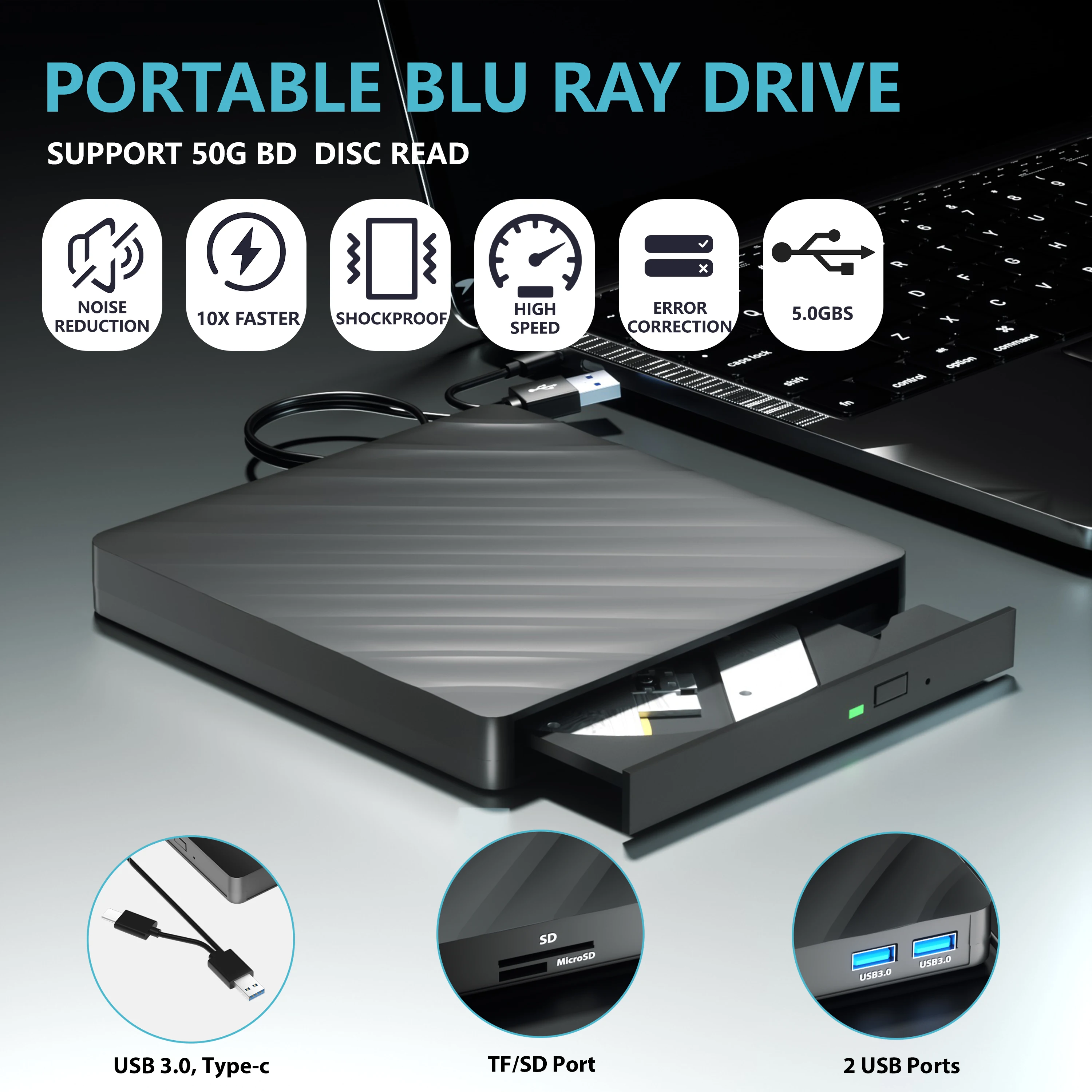 Multi-function external portable Blu-ray burning optical drive can burn cd/dcd/bd write cd/dvd support 50G bd disc read