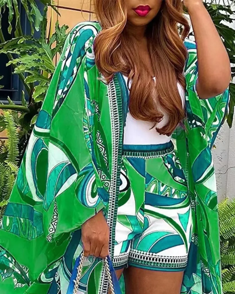 Z104608 2023 green blue plus size lon sleeve floral print summer women pants 2 piece sets kimono for women