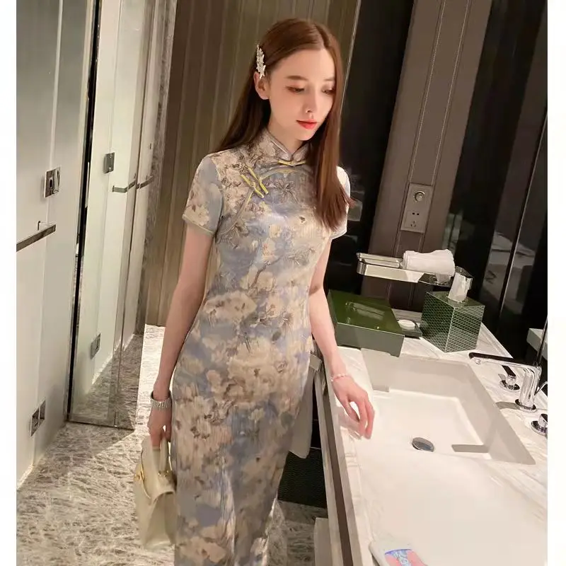 Women Sleeveless  Dress Chinese Style print Flower Cheongsam for lady party