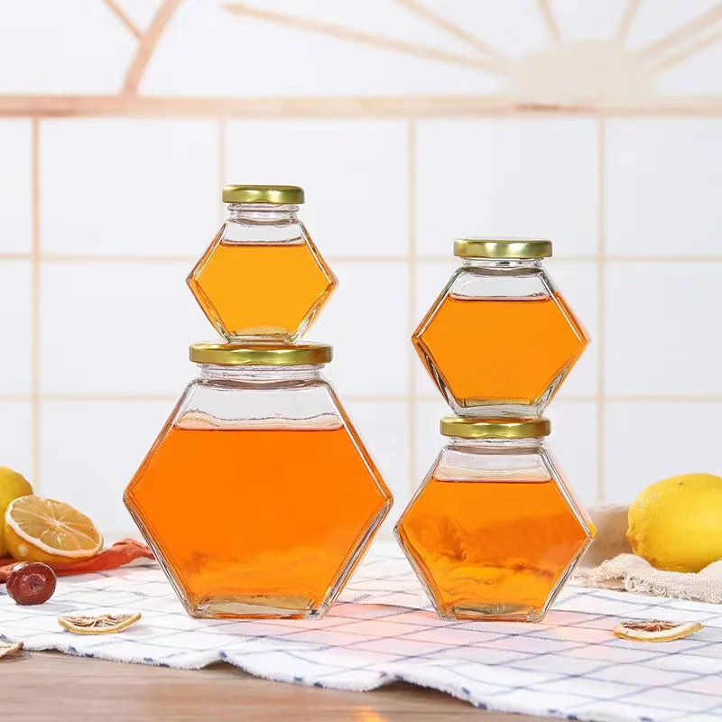 Wholesale Hexagon Glass Container Storage Bottle With Metal Lid Food Storage Bottle Glass Honey Jar