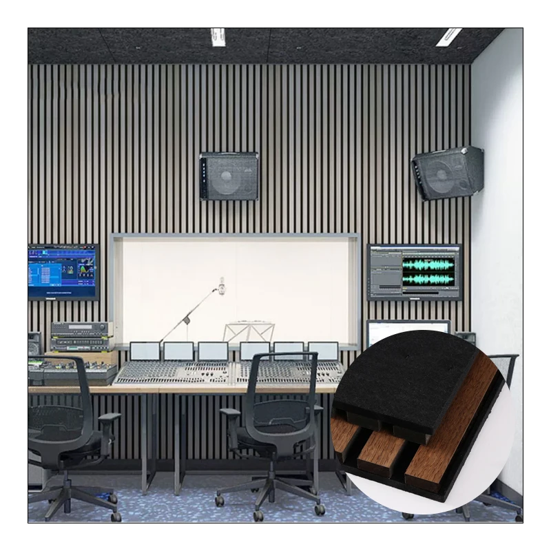 Music Studio Office Soundproof Polyester Fiber Fabric Wood Slat Acoustic Wall / Ceiling Panels