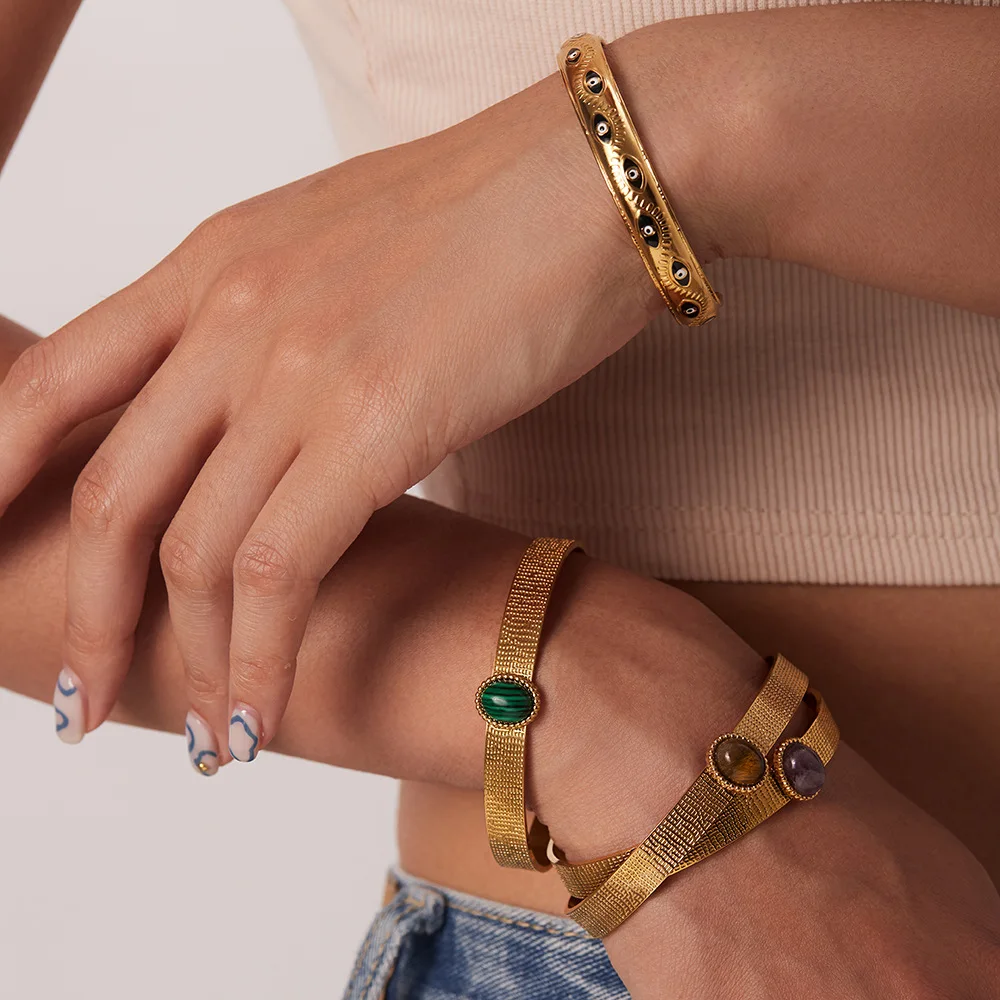 New stainless steel plated 18K gold bracelet tiger eye green malachite purple agate bracelet Fashion fine jewelry bracelet Women
