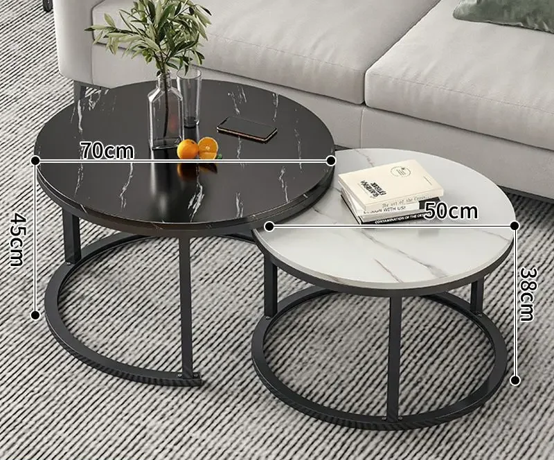 Easy Assemble End Table Round Bent Black Gold Metal Glass Marble Texture MDF Wood Side Nest Set of 2 Nesting Coffee Table