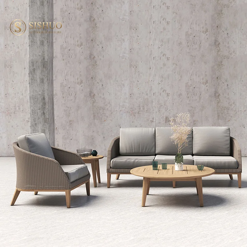 Wholesale Wicker Teak Wood Chair Sofa Garden Patio Weave Outdoor Furniture Courtyard Rattan Outdoor Furniture
