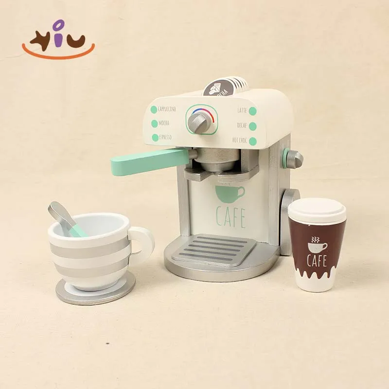 KIU Coffee Maker Play Set Wooden Coffee Machine Toy Kitchen Cooking Coffeemaker Toy Pretend Play Kitchen Coffee Making Machine