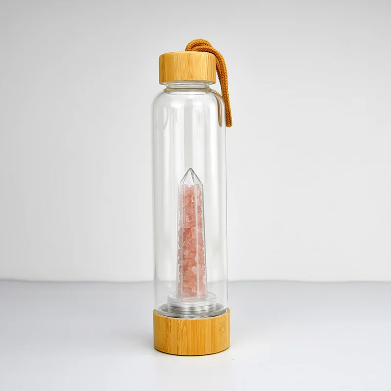 Natural Healing Gemstone Glass Drinking Water Bottle Bamboo Lid Crystal Infused Water Bottle