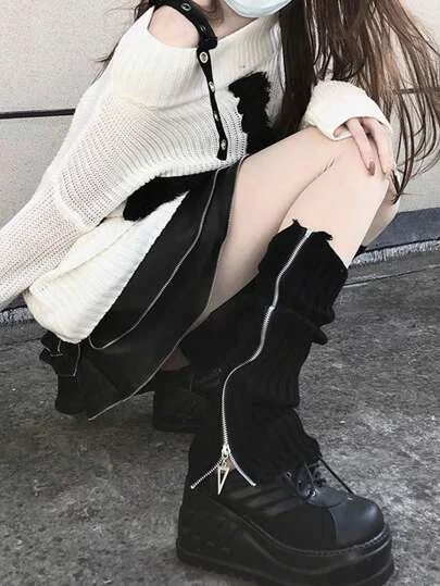 Korean Style Winter Thigh High Socks With Zippers Knitted Leg Warmers For Women
