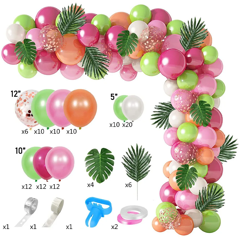 Hawaii Tropical Style Carnival Summer Holiday Palm Leaves Green Fuchsia Fruit Pitaya Color Latex Balloon Garland Arch Set