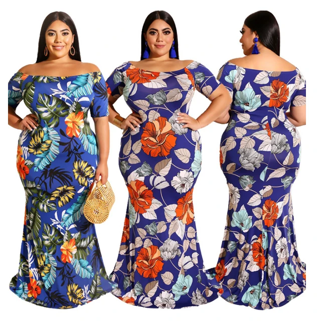 
GX635A Dropshipping fashion off shoulder sexy floral print women party long dress clothing plus size woman formal dresses 