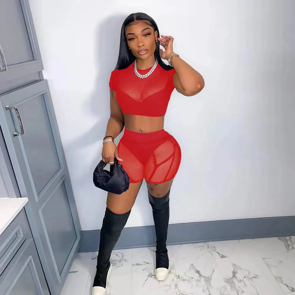 New Stylish European Style Tempting Angle Sexy Angle See Through Short Sleeve Mesh Pant Women Two Piece Set