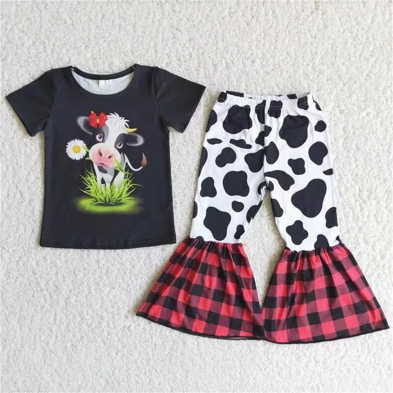 Wholesale baby girls clothes Summer Bull head short-sleeved flared pants set children clothes Boutique clothes for girls sets