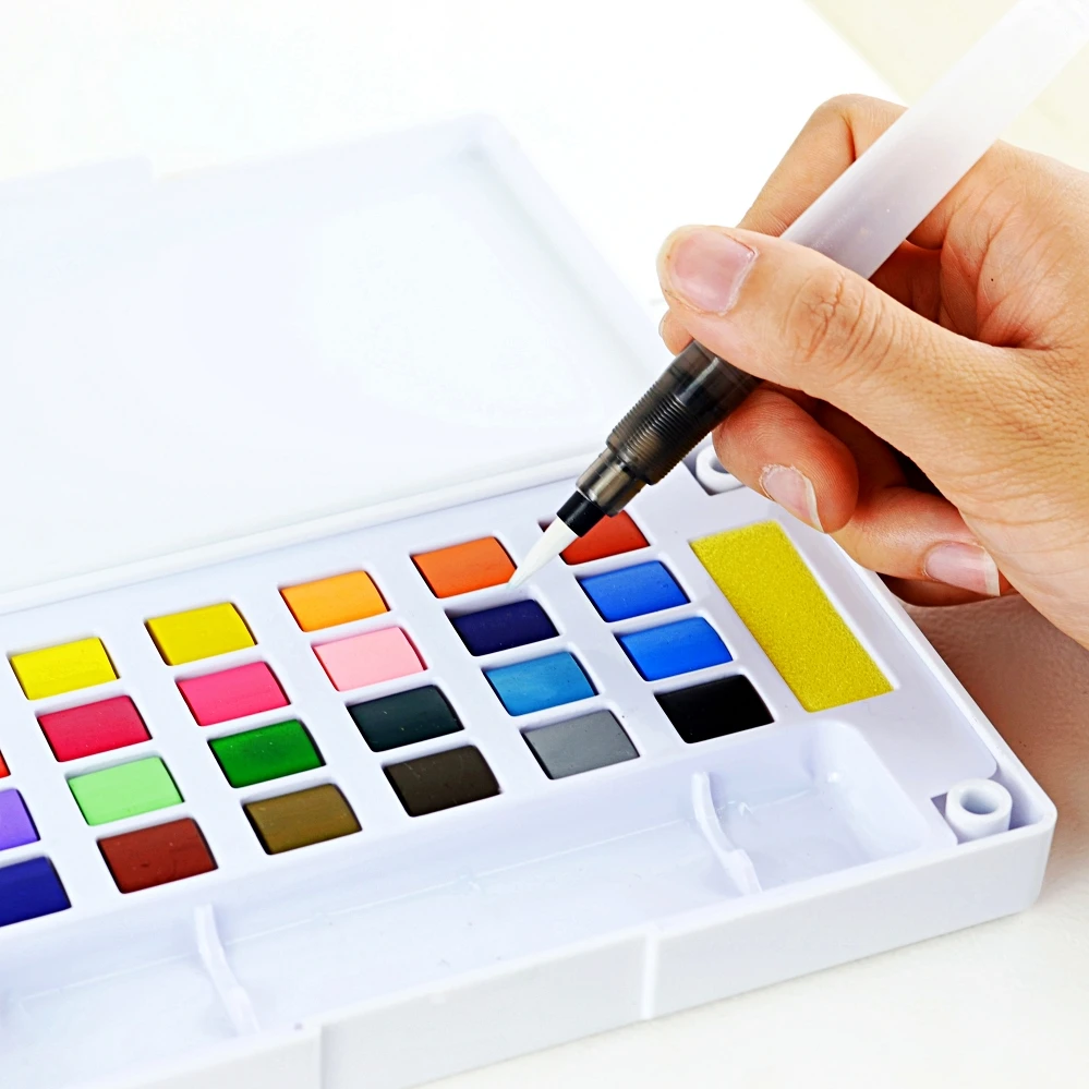24 Color Assorted Solid Watercolor Paint Set With Water Brush
