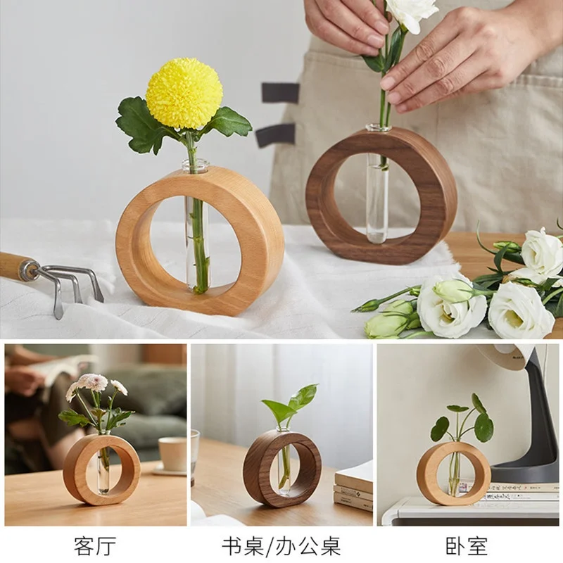 Desktop Wooden Vases Glass Tube Flower Bud Vase Hydroponic Home Decor With Solid Wood Frame