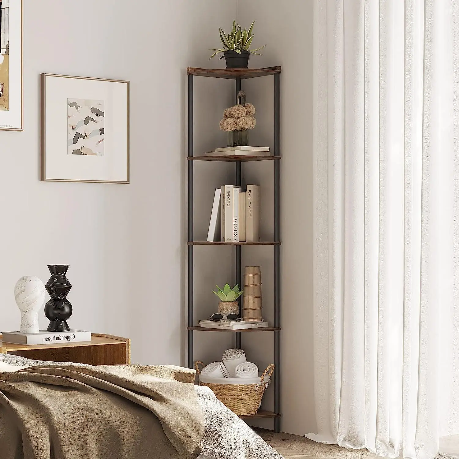 Ladder Shelf 5-Tier Wood Wall Mounted Bookshelf with Stable Metal Frame Wooden Hidden Bookcase Door Industrial Bookcase