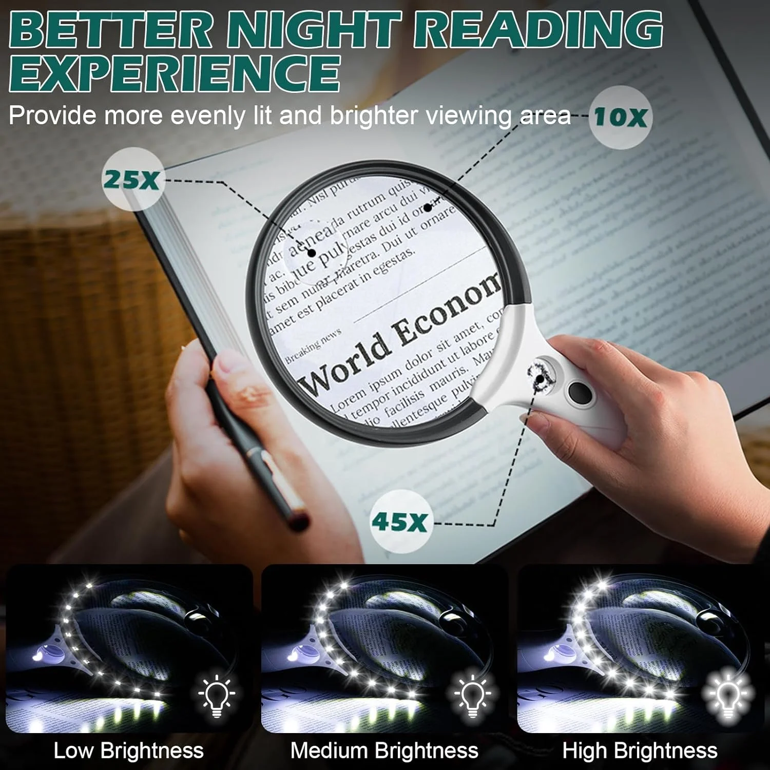Large Magnifying Glass with Light, 10X 25X 45X Handheld Illuminated Magnifier with 3 Light Modes, 12 LED Lights for Reading