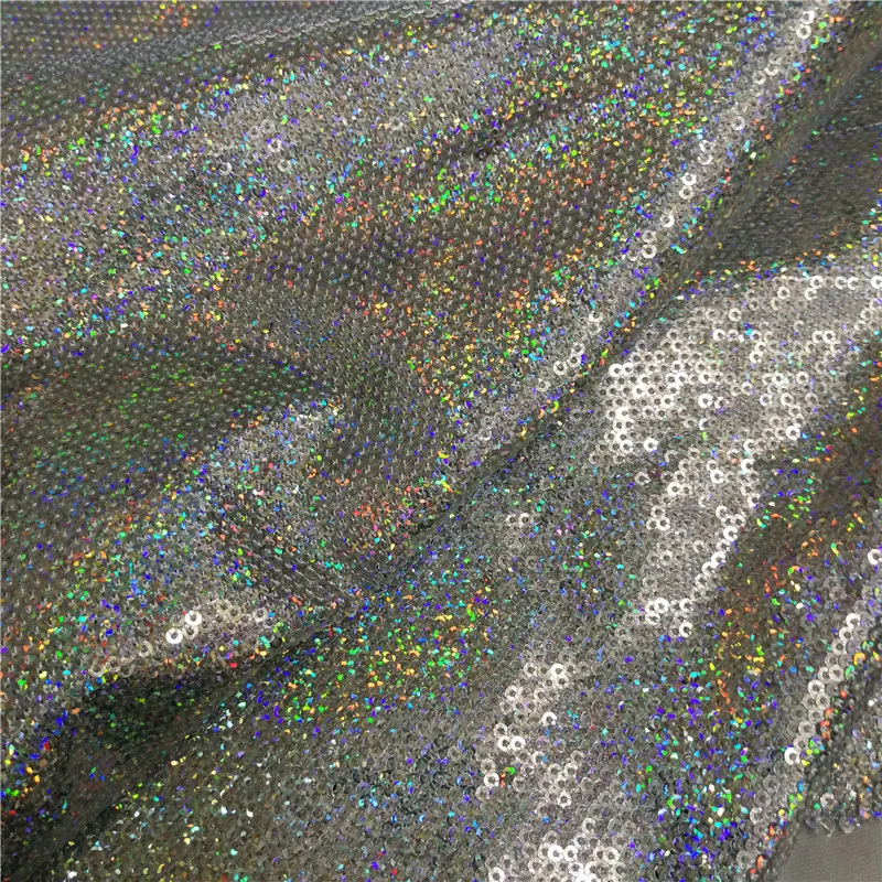 Wholesale 3MM Laser Colorful Sparkling Stripe Mermaid Crystal Sequin Embroidery Fabric for Party Dress