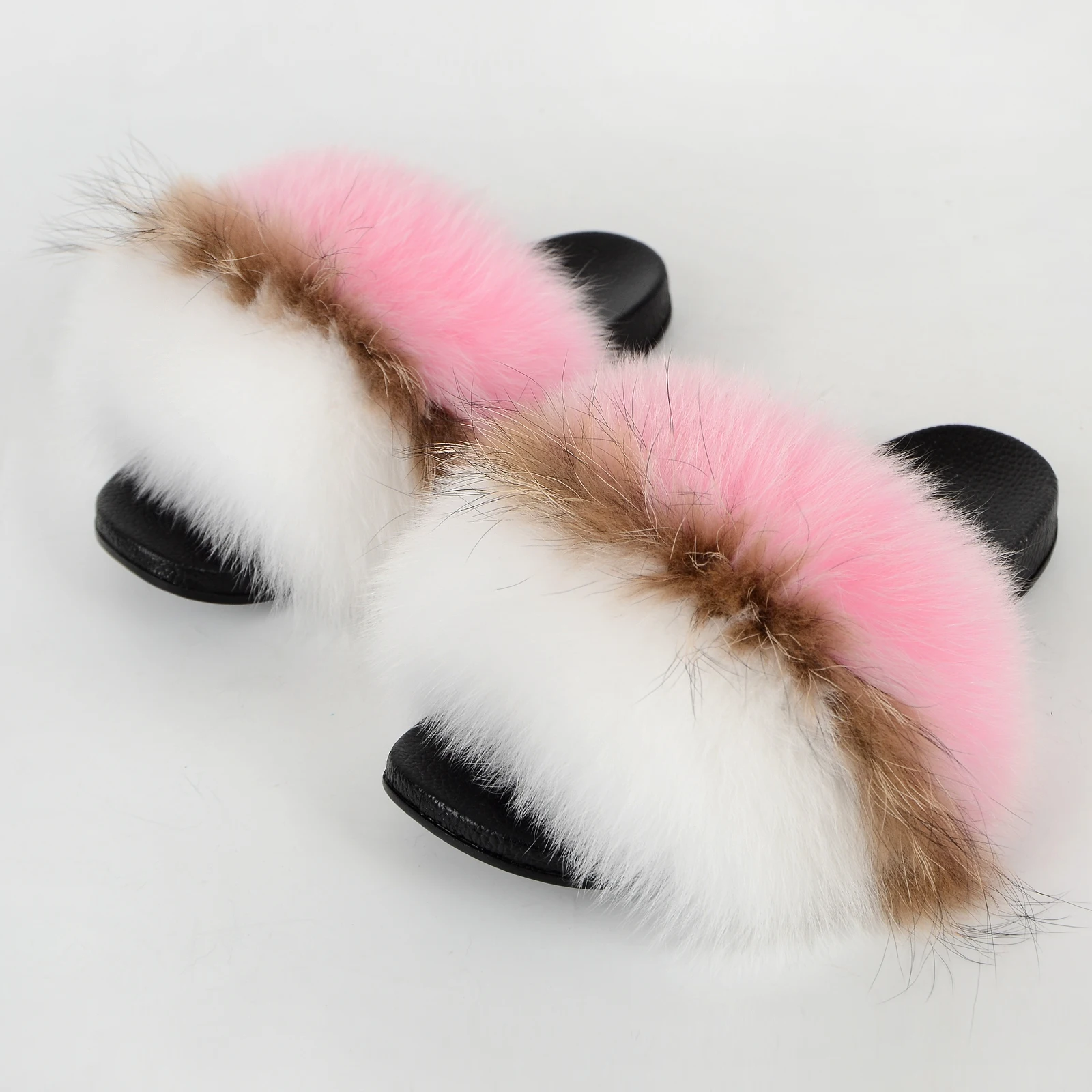 
Cost-effective colorful fashion luxury fluffy women middle fox fur slide 
