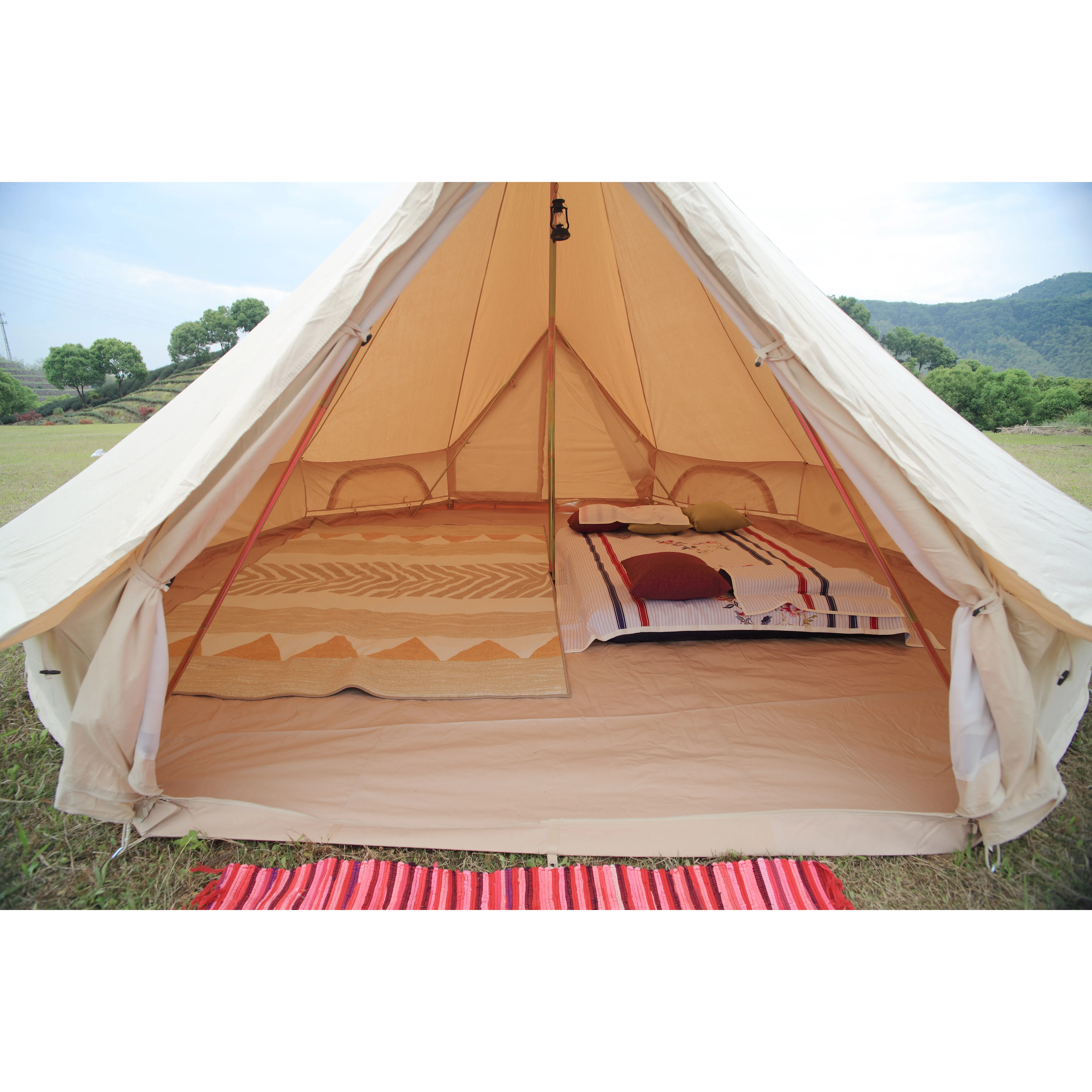 Custom fire resistant and mildew resistant double door cotton canvas bell tent 5m 6m glamping outdoor tents