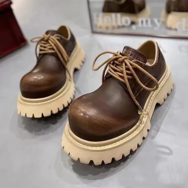 Custom OEM genuine leather mickey oxfords distressed dress man shoes lace up round big toe thick sole unisex derby loafer shoes