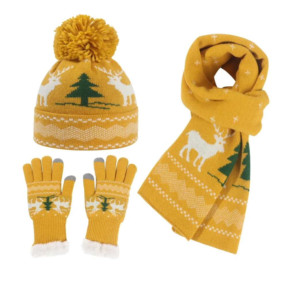 Winter Christmas design knitted funny hat scarf and gloves set keep warm for kids
