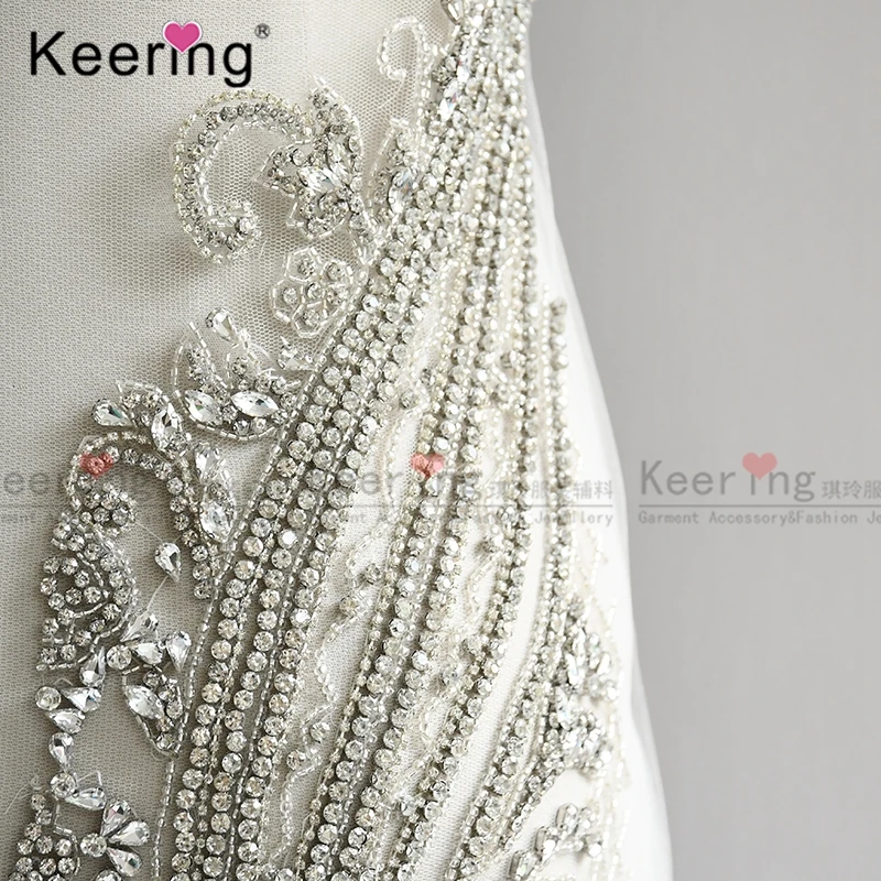 WDP-069-2 Hot design white sleeve long dress rhinestone dress applique for wedding dress ball gown